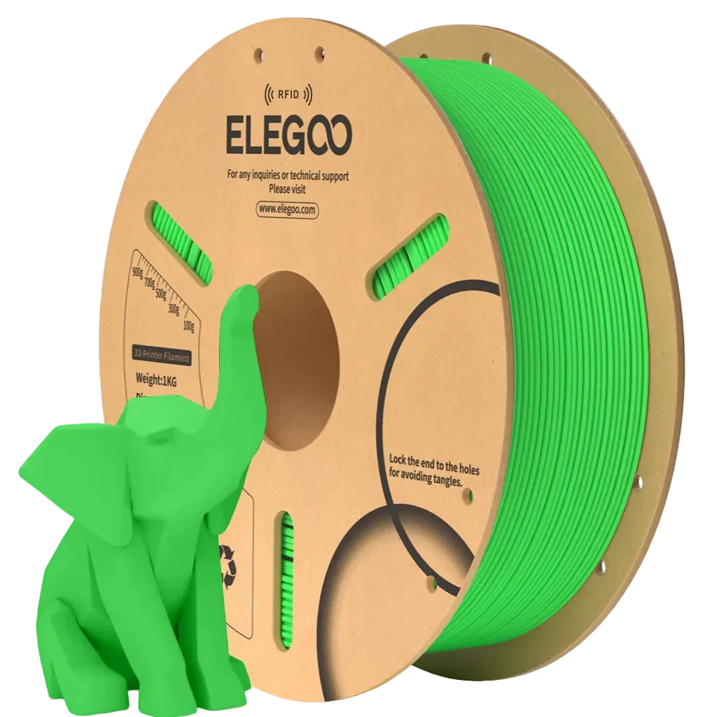 Spool of green 3D printing filament with ELEGOO branding and a small green elephant model.