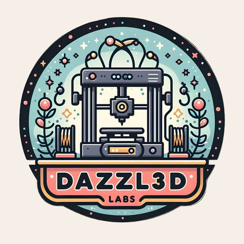 A stylized circular logo or sticker featuring a 3D printer illustration with the text 'DAZZL3D LABS' on a black background.