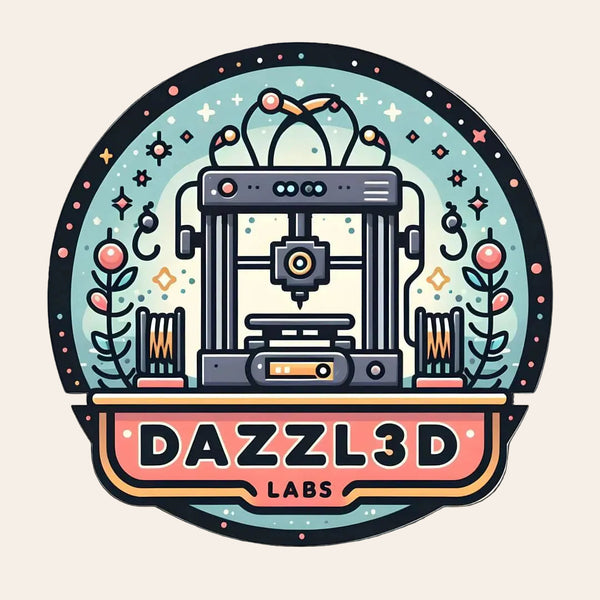 A stylized circular logo or sticker featuring a 3D printer illustration with the text 'DAZZL3D LABS' on a black background.