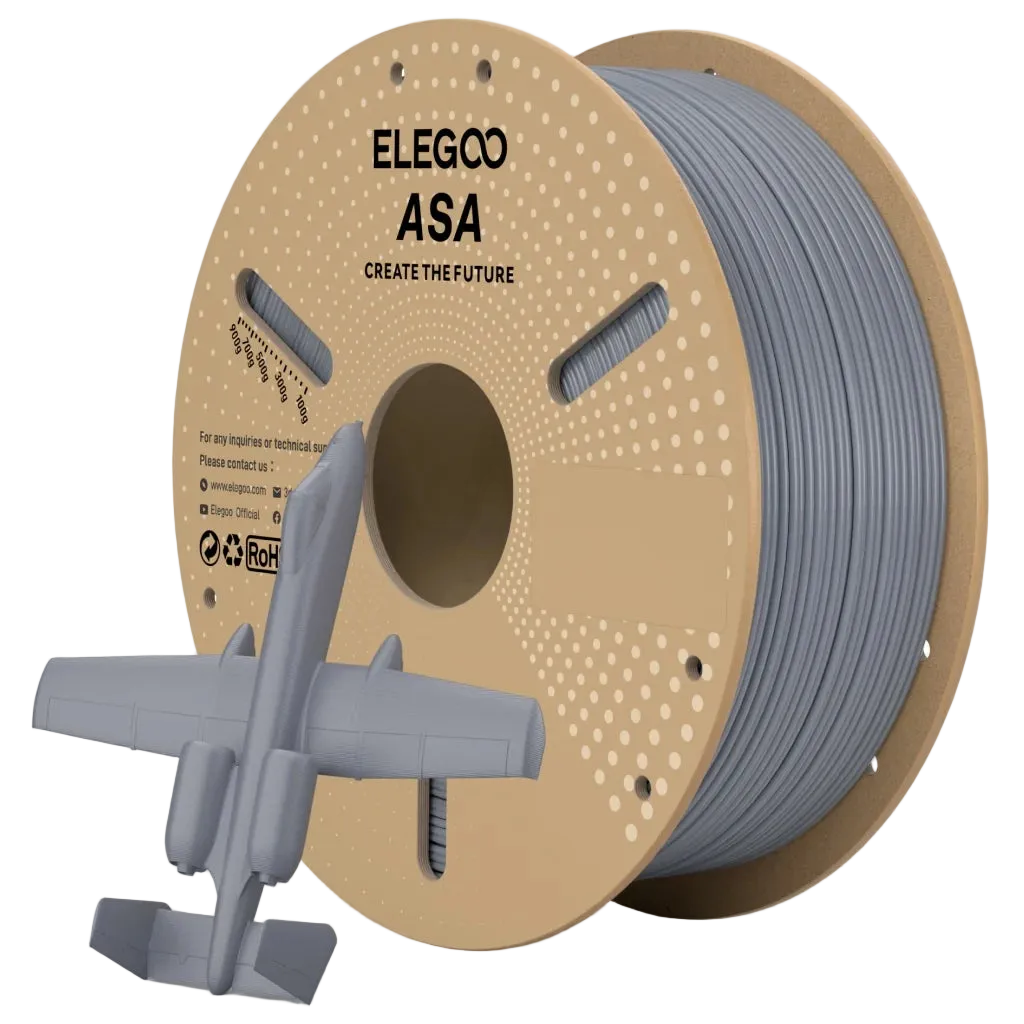 Spool of ELEGOO ASA filament with a small model airplane