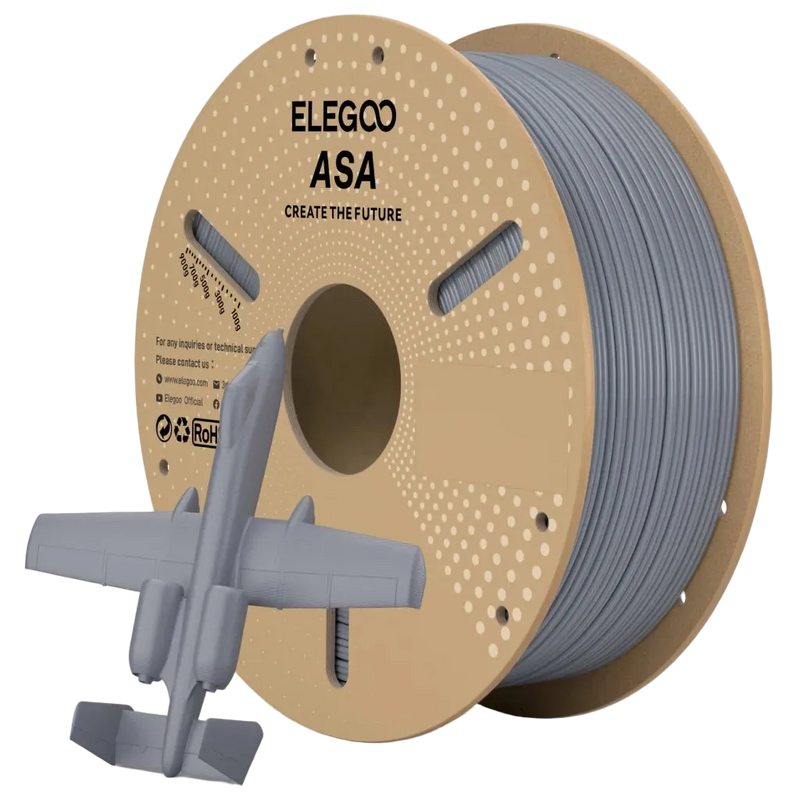 Spool of ELEGOO ASA filament with a small model airplane