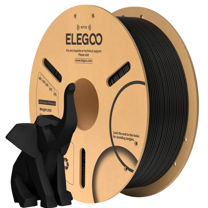 Spool of ELEGOO 3D printing filament with a small black 3D printed object.