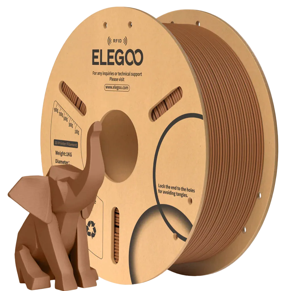 Spool of ELEGOO 3D printing filament with a small elephant model made from the same material.