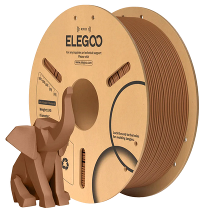 Spool of ELEGOO 3D printing filament with a small elephant model made from the same material.