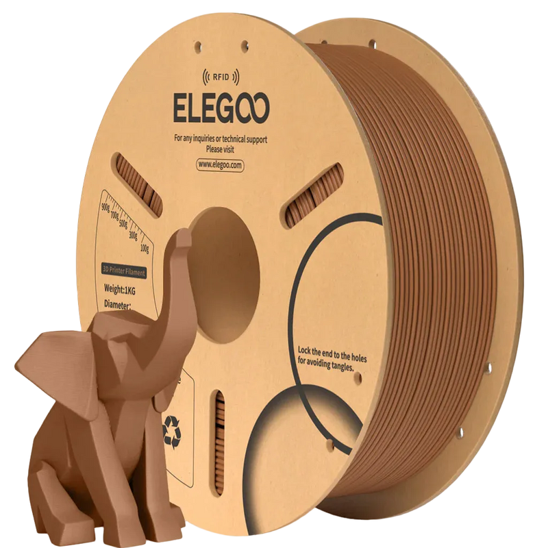 Spool of ELEGOO 3D printing filament with a small elephant model made from the same material.