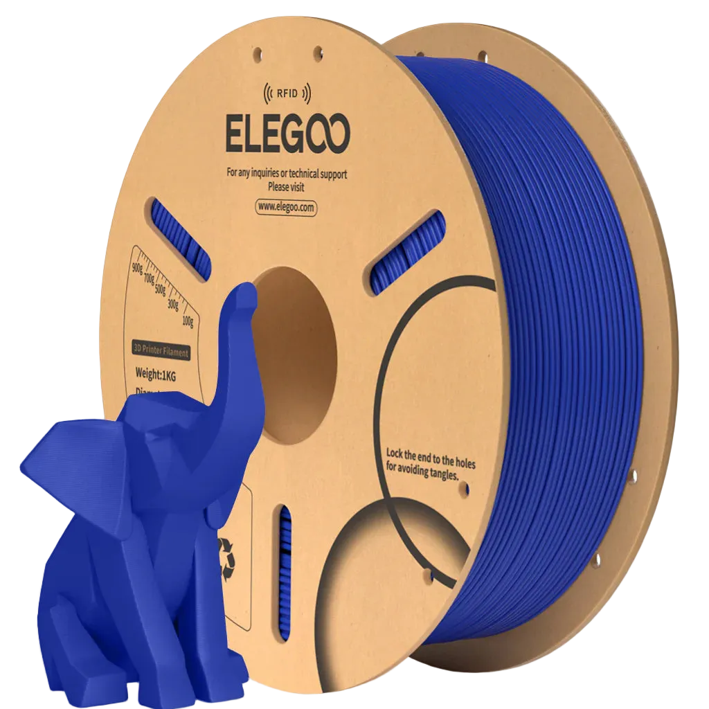Spool of ELEGOO blue 3D printing filament with a small blue elephant model.