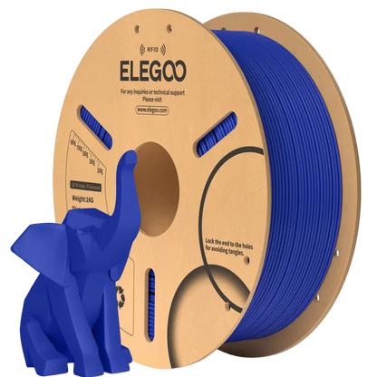 Spool of ELEGOO blue 3D printing filament with a small blue elephant model.