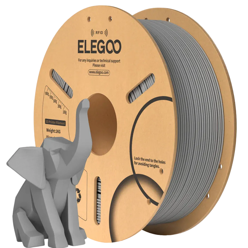 Spool of ELEGOO 3D printing filament with a small elephant model on a white background