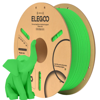 Spool of green 3D printing filament with ELEGOO branding and a small green elephant model.