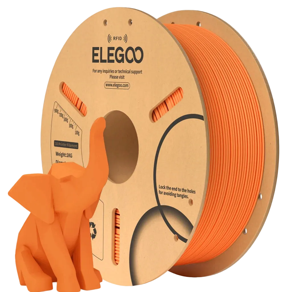 Spool of orange 3D printing filament with ELEGOO branding and a small orange 3D printed elephant model.