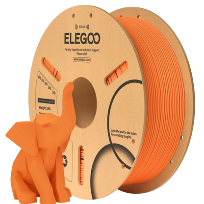 Spool of orange 3D printing filament with ELEGOO branding and a small orange 3D printed elephant model.