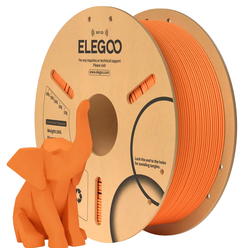 Spool of orange 3D printing filament with ELEGOO branding and a small orange 3D printed elephant model.