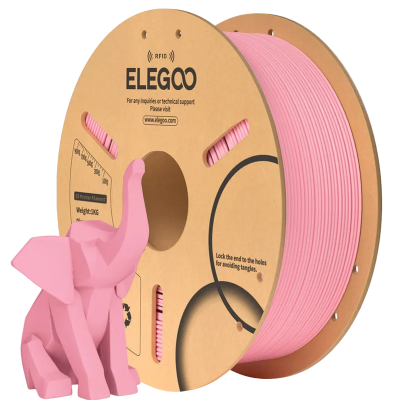 Spool of pink 3D printing filament with ELEGOO branding and a pink elephant model.