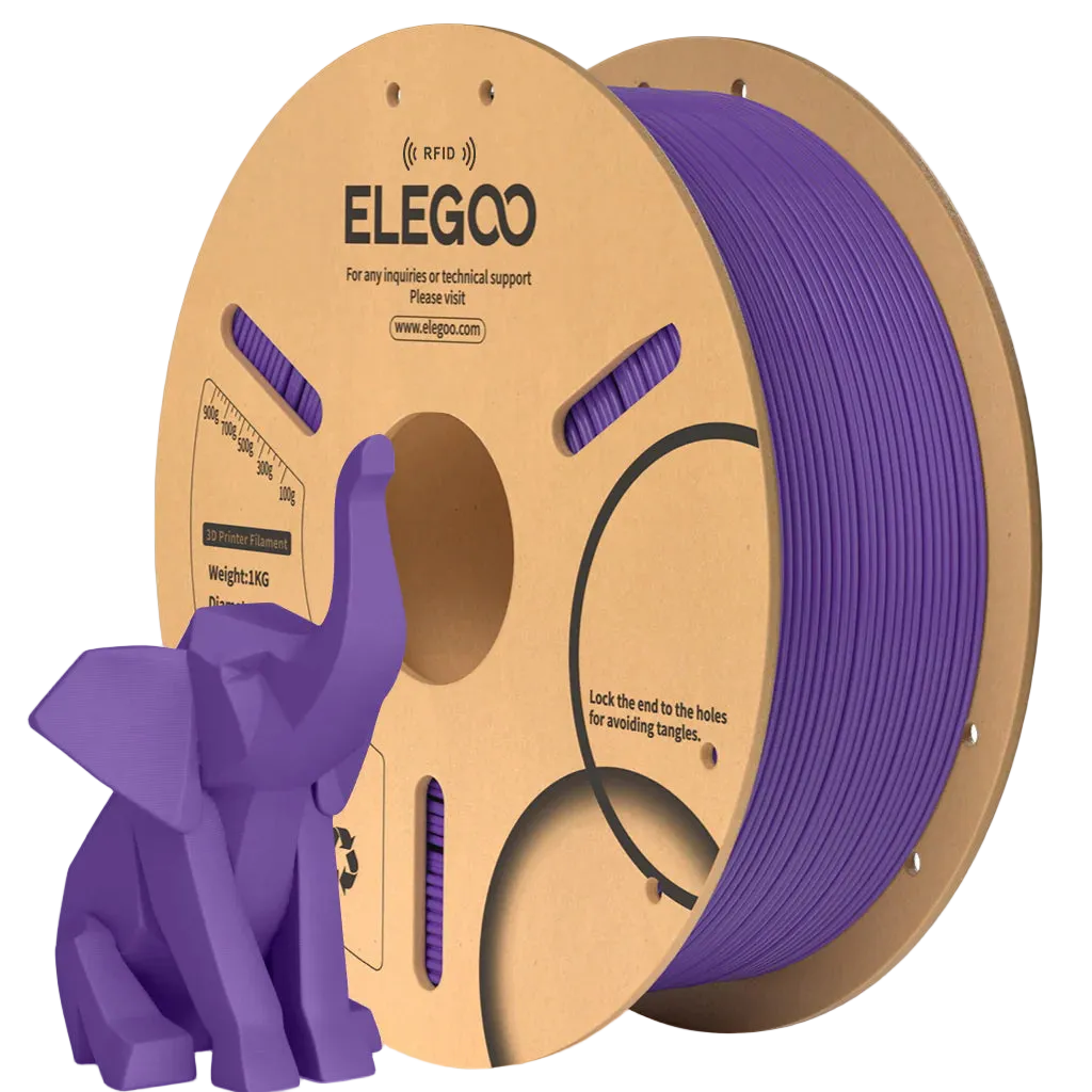 Spool of ELEGOO purple 3D printing filament with a small purple elephant model.