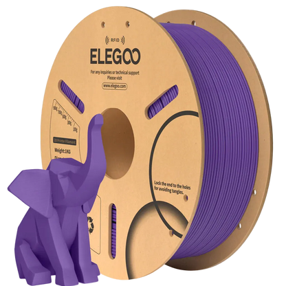 Spool of ELEGOO purple 3D printing filament with a small purple elephant model.