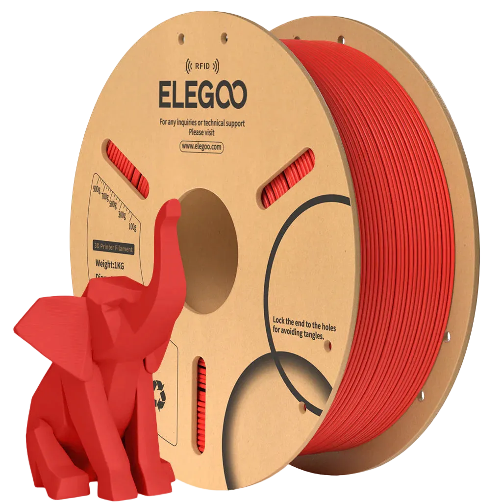 Spool of red filament with ELEGOO branding and a small red elephant model.