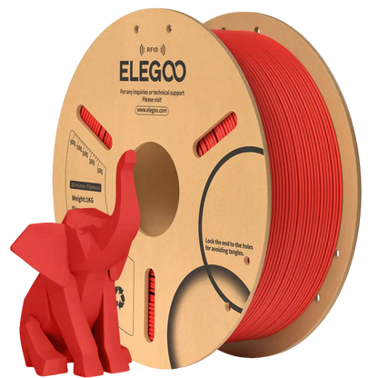 Spool of red filament with ELEGOO branding and a small red elephant model.