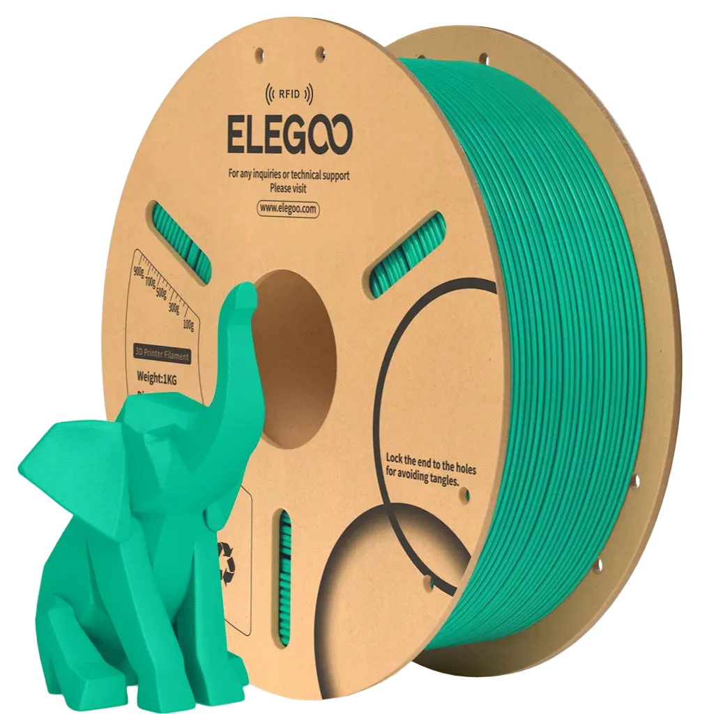 Spool of green filament with ELEGOO branding and a small green 3D printed elephant model.