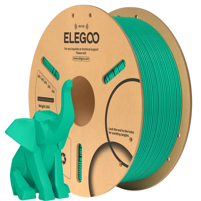 Spool of green filament with ELEGOO branding and a small green 3D printed elephant model.