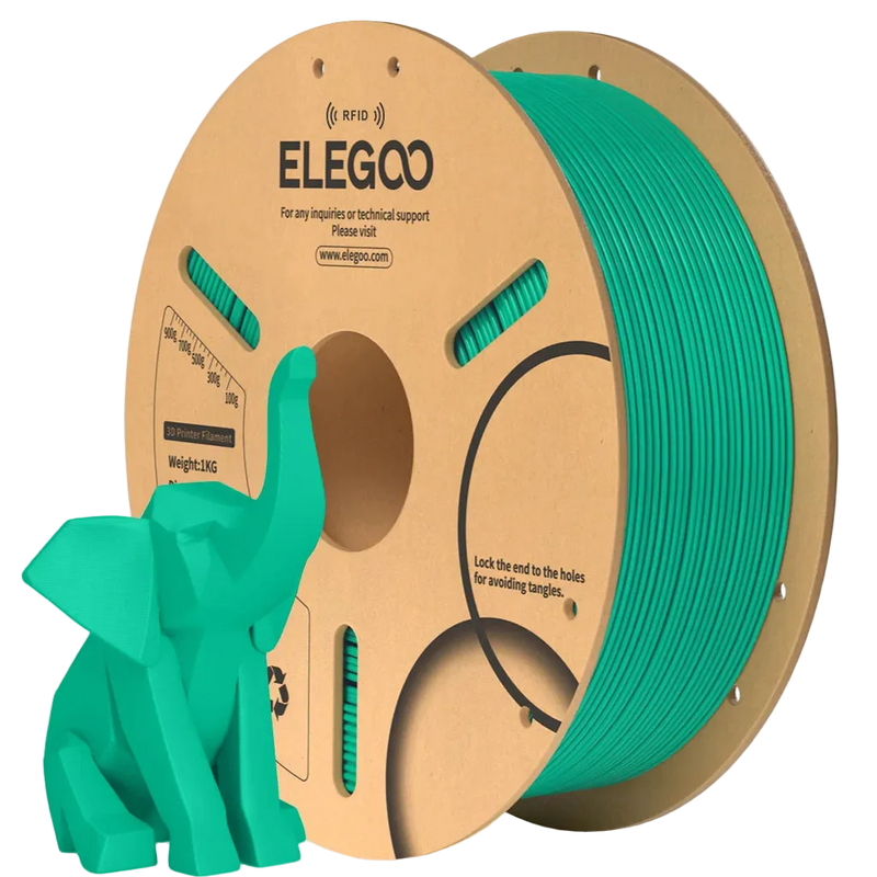Spool of green filament with ELEGOO branding and a small green 3D printed elephant model.