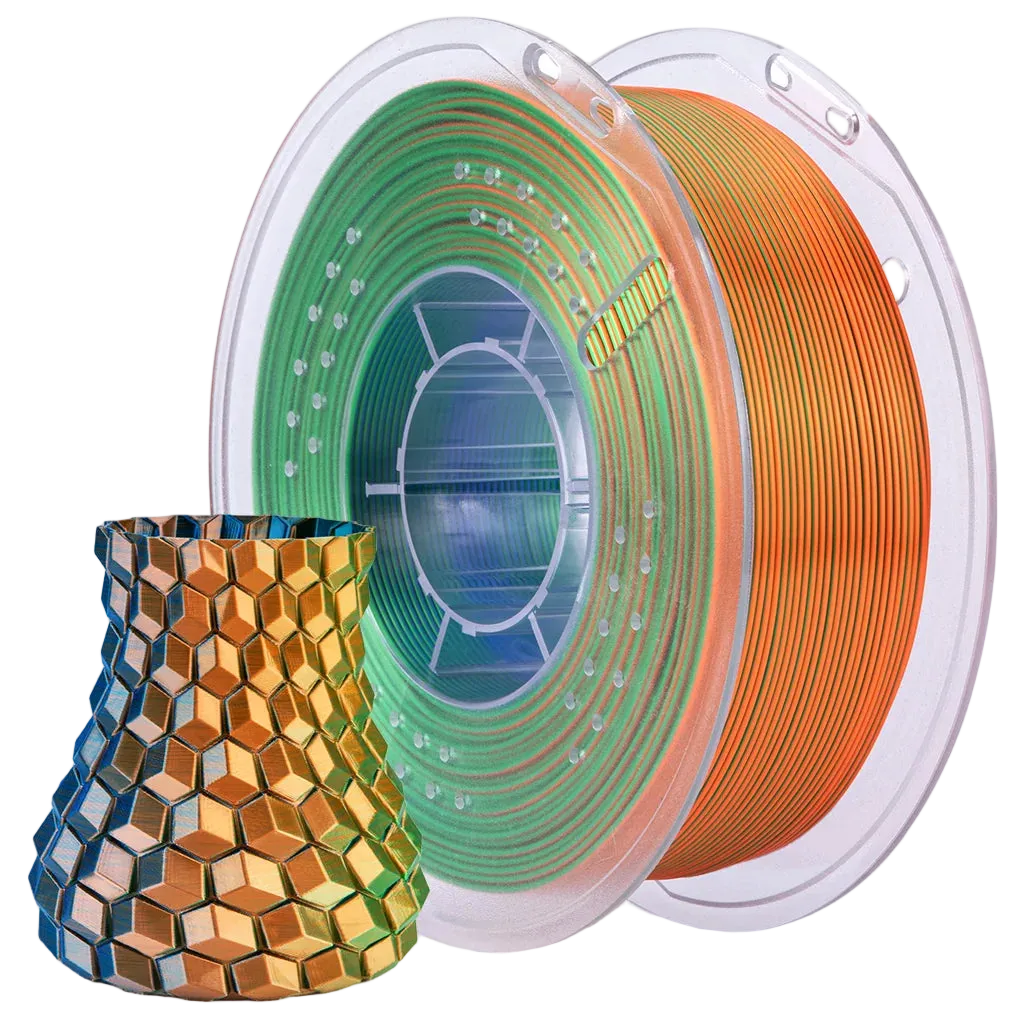 Spool of green, blue and orange filament with a 3D printed sample object