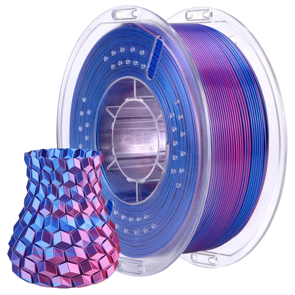 Spool of blue and magenta 3D printing filament with a printed object sample