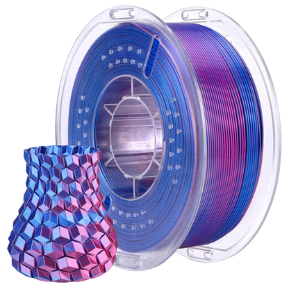 Spool of blue and magenta 3D printing filament with a printed object sample