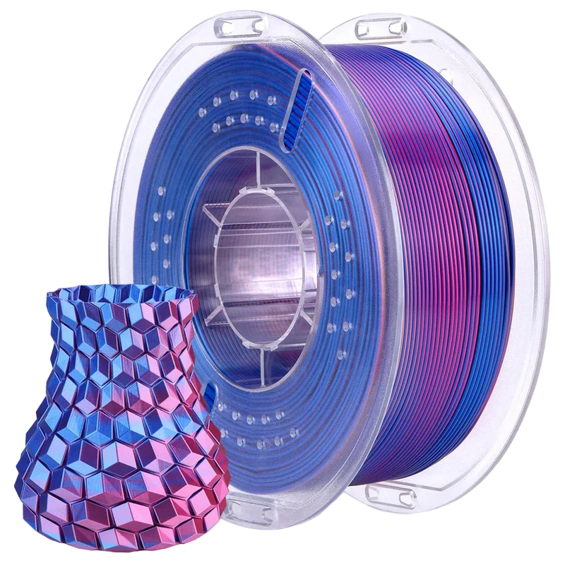 Spool of blue and magenta 3D printing filament with a printed object sample