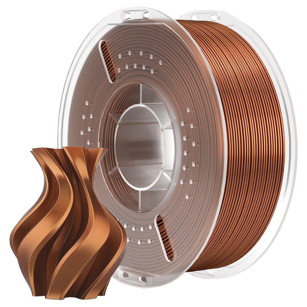Spool of bronze-colored 3D printing filament with a created object next to it