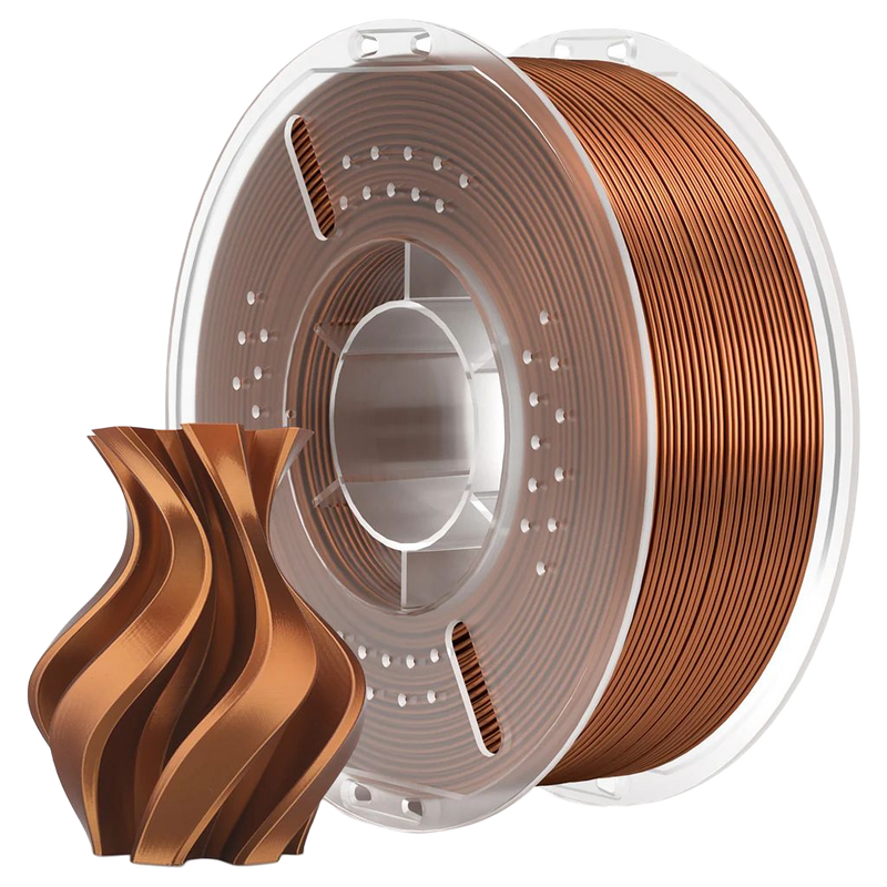 Spool of bronze-colored 3D printing filament with a created object next to it