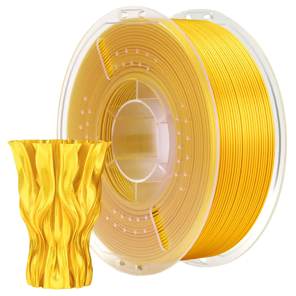 Spool of gold 3D printing filament with a sample print