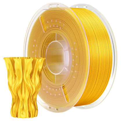 Spool of gold 3D printing filament with a sample print