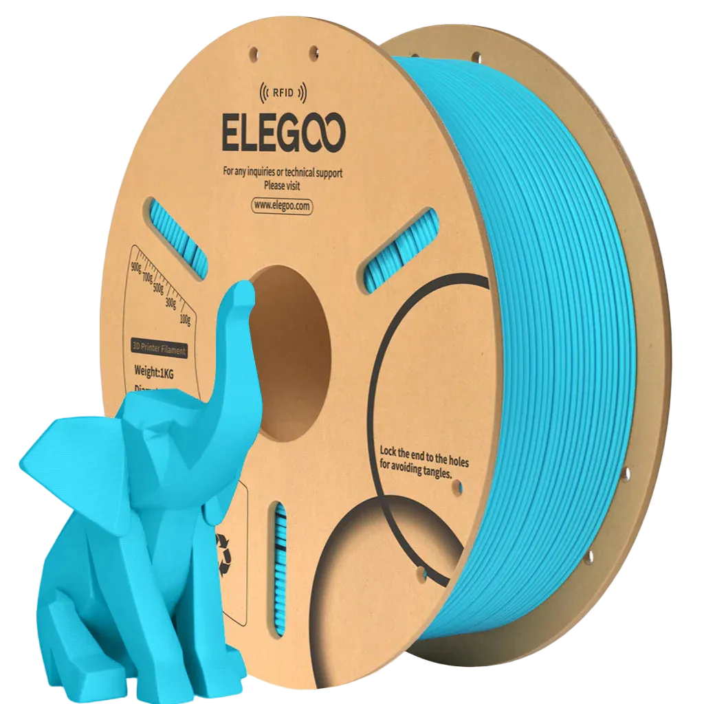 Spool of ELEGOO 3D printing filament with a sky blue elephant model