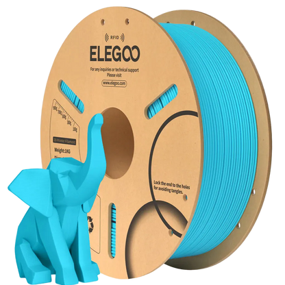 Spool of ELEGOO 3D printing filament with a sky blue elephant model