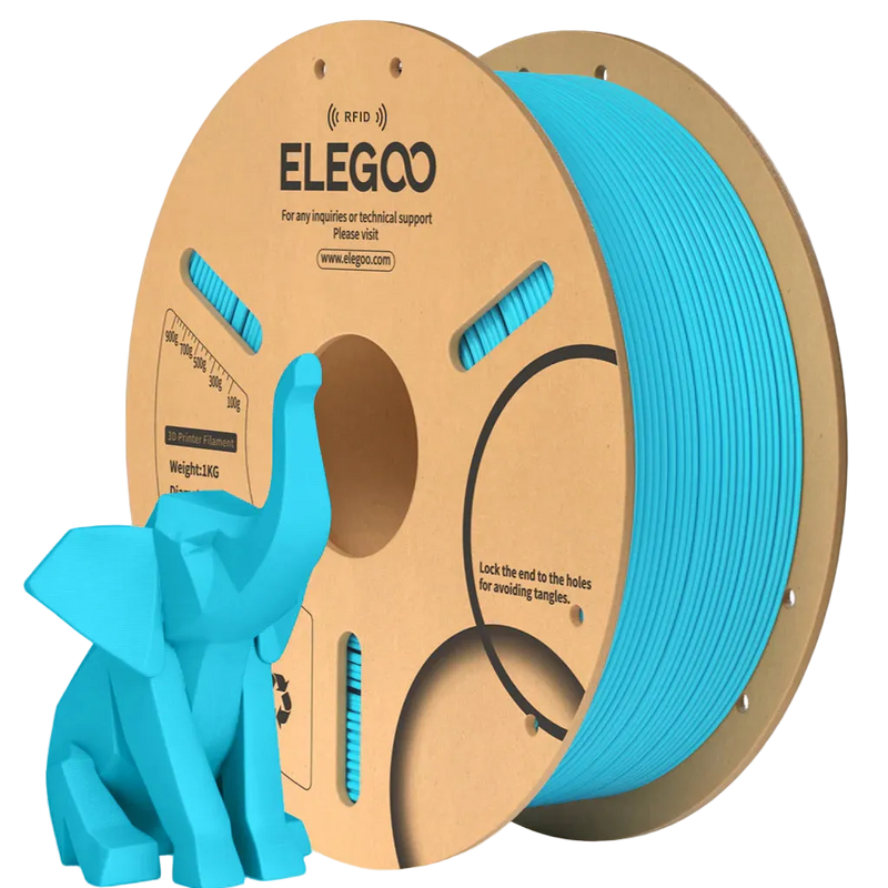Spool of ELEGOO 3D printing filament with a sky blue elephant model