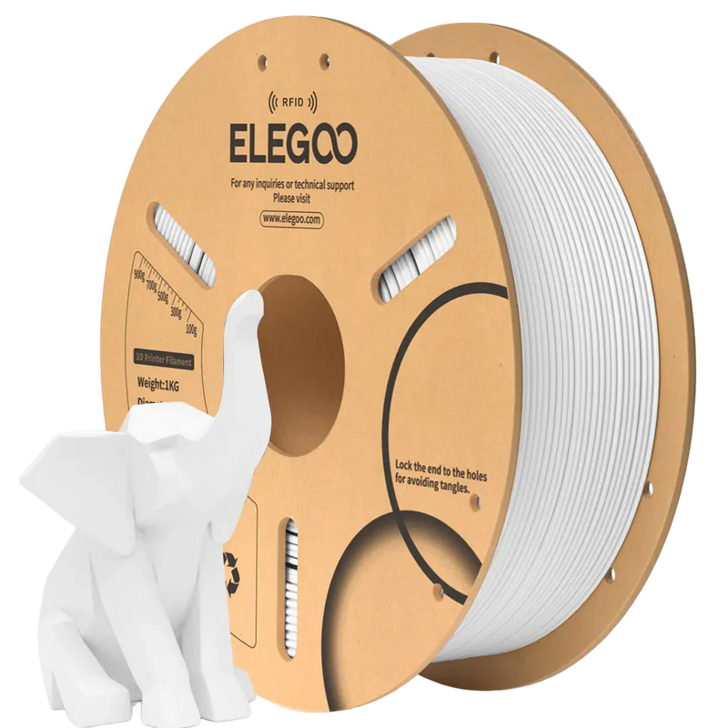 Spool of ELEGOO 3D printing filament with a small white 3D printed object