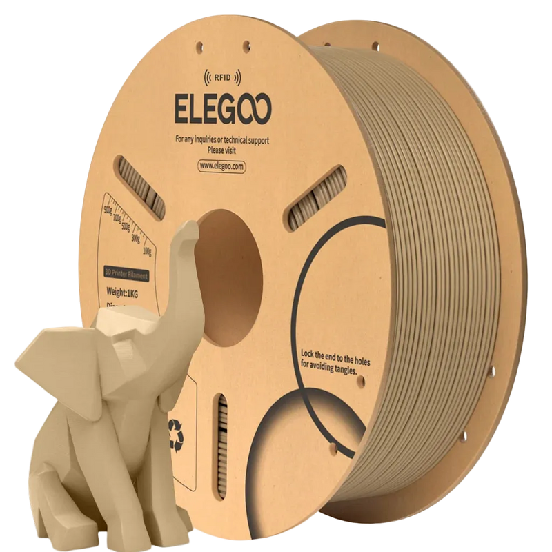 Spool of ELEGOO 3D printing filament with a small elephant model made from the same material.