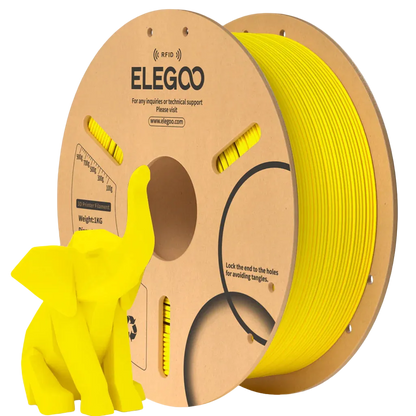 Spool of yellow 3D printing filament with ELEGOO branding and a small yellow 3D printed object.